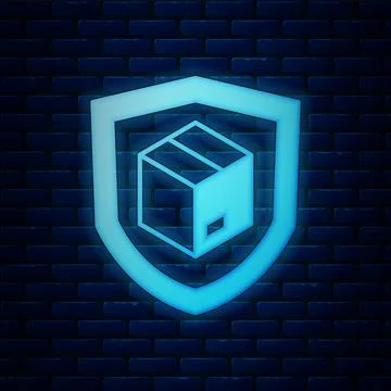Glowing neon Delivery security with shield icon isolated on brick wall 스톡 일러스트