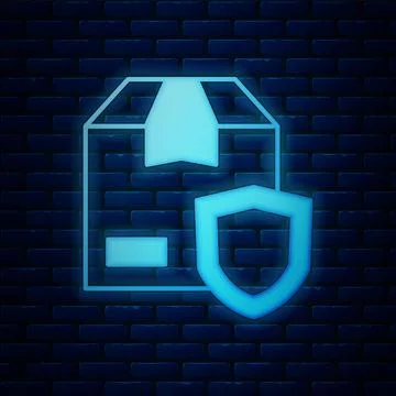 Glowing neon Delivery security with shield icon isolated on brick wall back.. Stock Illustration