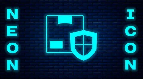Glowing neon Delivery security with shield icon isolated on brick wall back.. Stock Illustration