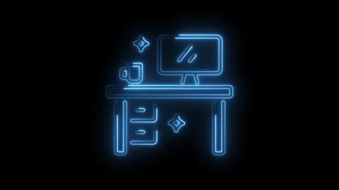 Glowing neon desk icon with computer and coffee cup animation on black 스톡 동영상 330773927