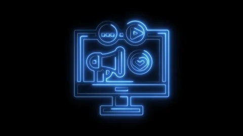 Glowing neon desktop computer displaying digital marketing and social media Stock Footage 322971906