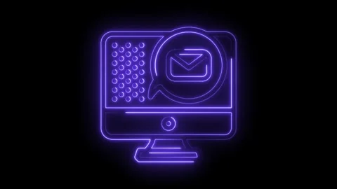 Glowing neon desktop computer icon with email notification pop up on black Stock Footage 322959205