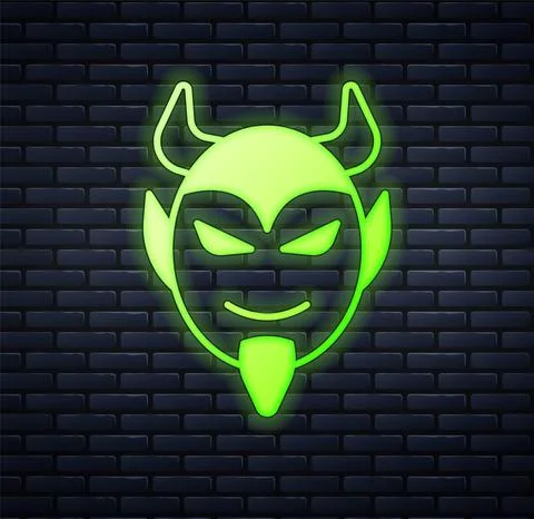 Glowing neon Devil head icon isolated on brick wall background. Happy Hallowe Stock Illustration