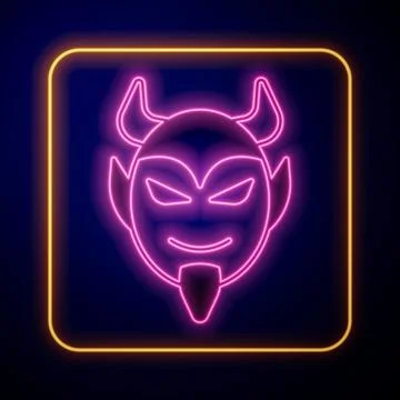 Glowing neon Devil head icon isolated on black background. Happy Halloween party Illustrazione stock