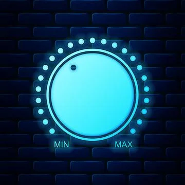 Glowing neon Dial knob level technology settings icon isolated on brick wall Stock Illustration
