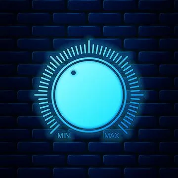 Glowing neon Dial knob level technology settings icon isolated on brick wall イラスト素材