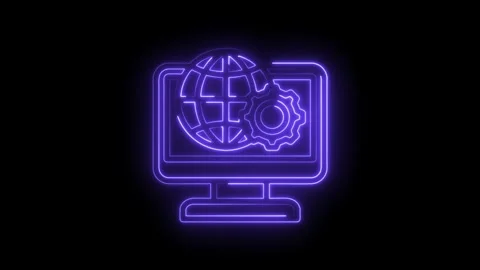 Glowing neon digital globe and gear icon on computer screen dark background Stock Footage 333955859