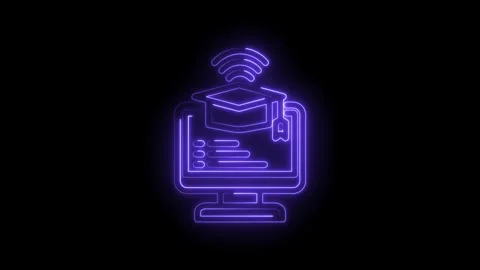 Glowing neon digital graduation cap on computer screen with wifi signal online Stock Footage 333956400