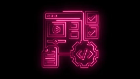 Glowing neon digital interface with play button checklist and code gear ico.. Stock Footage 315497227