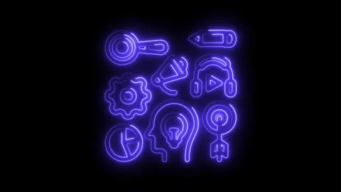 Glowing neon digital marketing elements and icons on black background for t.. Stock Footage 308997094