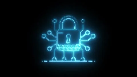 Glowing neon digital security icon isolated on black background. HD Video m.. Stock Footage 304107485