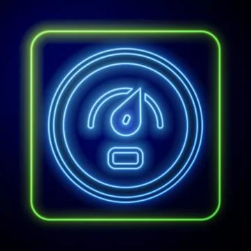 Glowing neon Digital speed meter concept icon isolated on blue background Stock Illustration