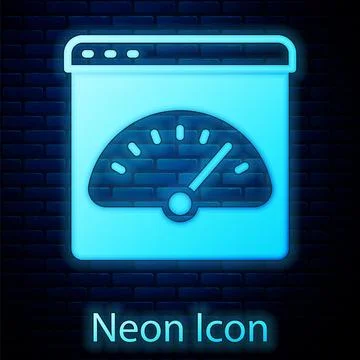 Glowing neon Digital speed meter icon isolated on brick wall background. Global Stock Illustration