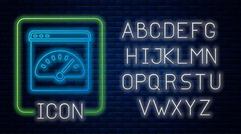 Glowing neon Digital speed meter icon isolated on brick wall background. Gl.. Stock Illustration