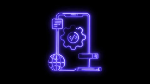 Glowing neon digital technology icon representing website development codin.. Stock Footage 314710936