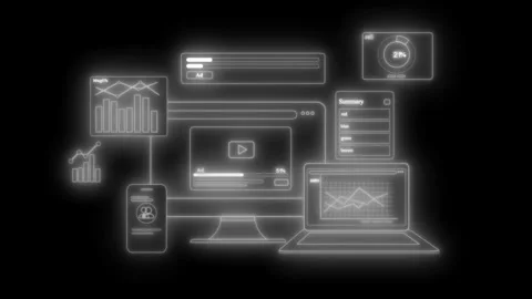 Glowing neon digital workspace animation showing multiple connected devices.. Vidéo 334764750