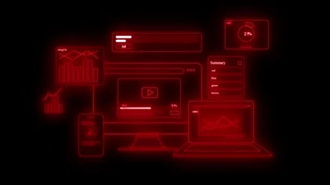 Glowing neon digital workspace animation showing multiple connected devices.. Stock Footage 334764752