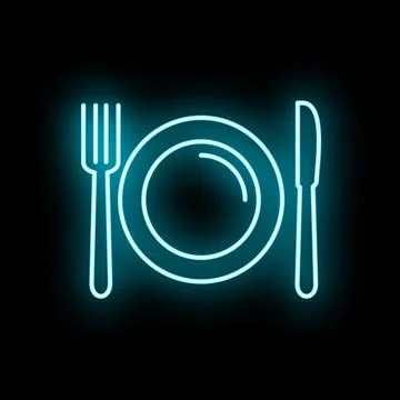 Glowing neon dinner plate with fork and knife Stock Illustration