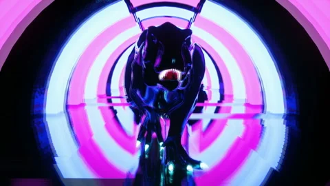 Glowing neon dinosaur walks through the light tunnel. Seamless loop animation Stock Footage 146865366