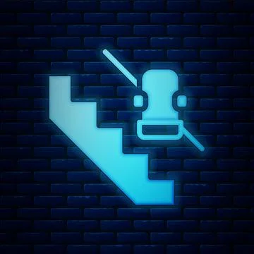 Glowing neon Disabled access elevator lift escalator icon isolated on brick wall 스톡 일러스트