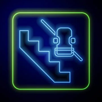 Glowing neon Disabled access elevator lift escalator icon isolated on blue 스톡 일러스트