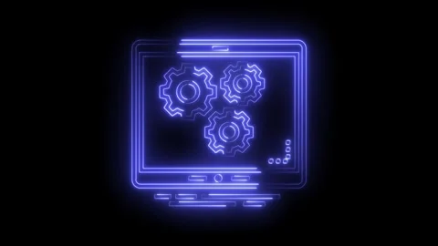 Glowing neon display with rotating gears illustrating technical setup and Stock Footage 322989783