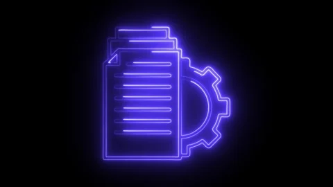 Glowing neon document and gear icon on black background representing data p.. Stock Footage 314712601