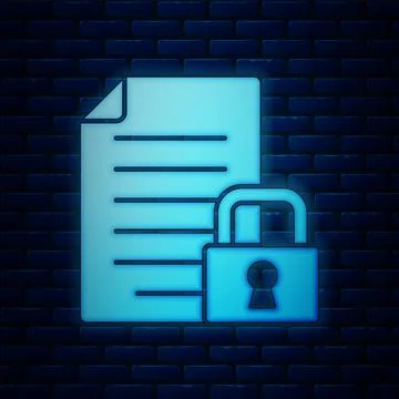 Glowing neon Document and lock icon isolated on brick wall background. File Illustrazione stock