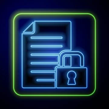 Glowing neon Document and lock icon isolated on blue background. File format and Stock Illustration