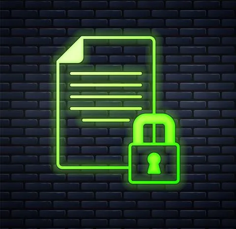 Glowing neon Document and lock icon isolated on brick wall background. File Illustrazione stock