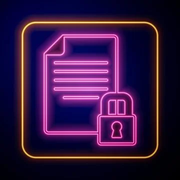 Glowing neon Document and lock icon isolated on black background. File format Illustrazione stock
