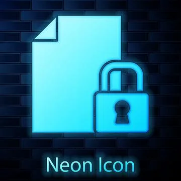 Glowing neon Document and lock icon isolated on brick wall background. File.. Illustrazione stock