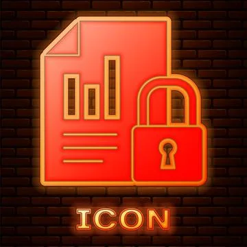 Glowing neon Document and lock icon isolated on brick wall background. File.. Illustrazione stock