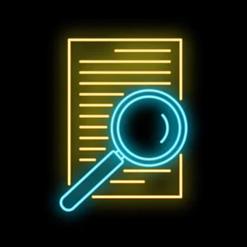 Glowing neon document and magnifying glass analyzing data Illustrazione stock
