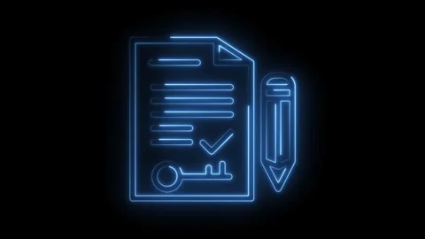 Glowing neon document with check mark key and pencil animation on dark Stock Footage 322960997