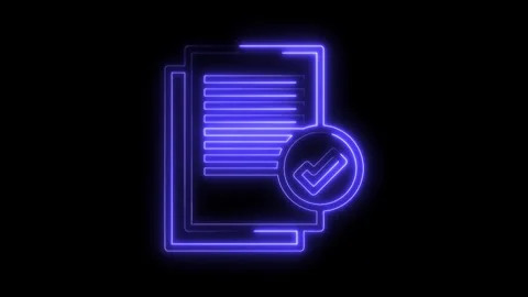 Glowing neon document with check mark animation isolated on black background for Stock Footage 322969377