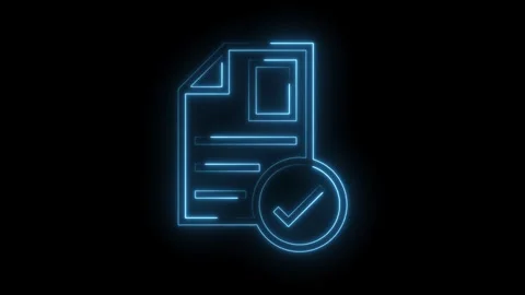 Glowing neon document check mark icon animation on black background seamless Stock Footage 322986101