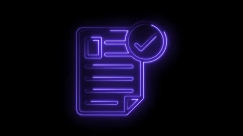 Glowing neon document with checkmark icon on black background animation 動画素材 322975305