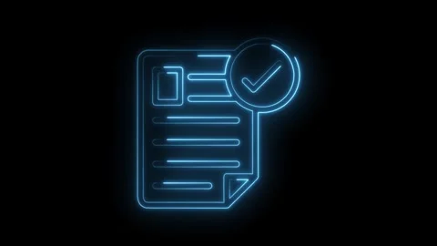 Glowing neon document with checkmark icon on black background Stock Footage 322975316