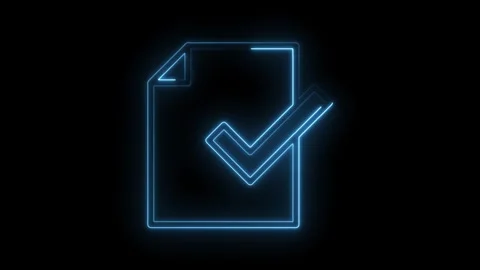 Glowing neon document file with check mark animation against black background Stock Footage 315960784