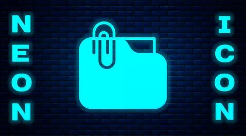 Glowing neon Document folder with paper clip icon isolated on brick wall Illustrazione stock
