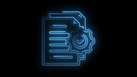 Glowing neon document with gear and checkmark icon animation on black background Stock Footage 330781644