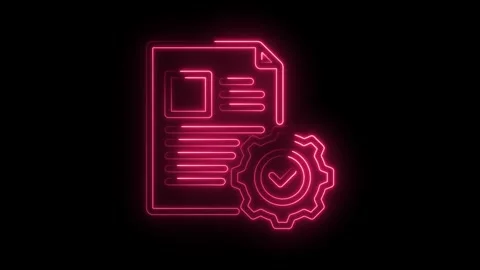 Glowing neon document with gear and check mark shows process validation on .. Stock Footage 345997974