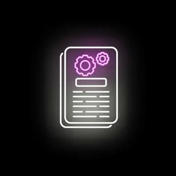 Glowing neon document with gears for settings and process Stock Illustration
