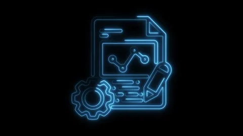Glowing neon document with graph,gear and pencil animation on black backgroun Stock-Footage 309914927