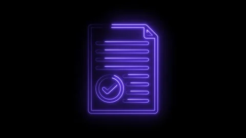 Glowing neon document icon with checkmark symbol signifying approval success and Stock Footage 333957668