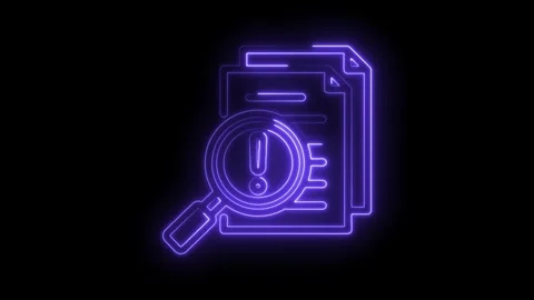 Glowing neon document with magnifying glass revealing error or problem on black Stock Footage 330781719