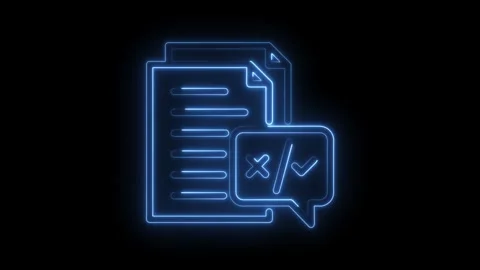 Glowing neon document review process with feedback and approval symbols on black Stock Footage 330777795