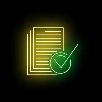 Glowing neon document stack with green check mark approval 库存插图