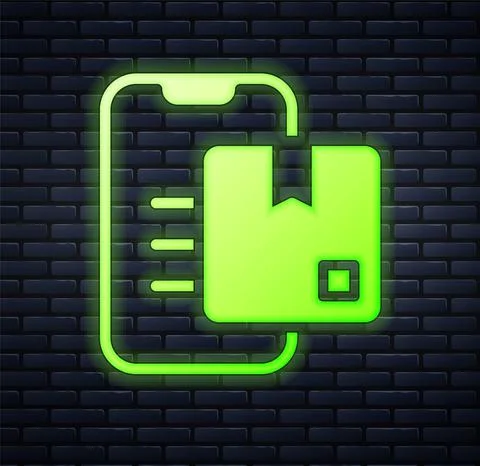 Glowing neon Document tracking marker system icon isolated on brick wall Stock Illustration